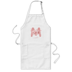 Chic Rose Gold Floral Watercolor Monogram Long Apron