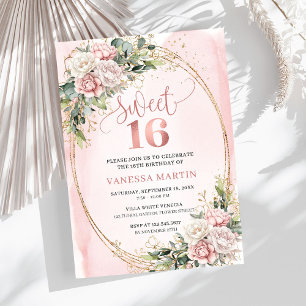 Chic Rose Gold Flowers and Greenery Sweet Sixteen Invitation