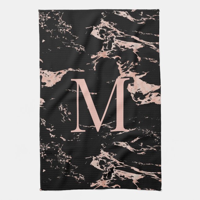 Chic Rose Gold Foil Black Marble Monogram Kitchen Towel (Vertical)