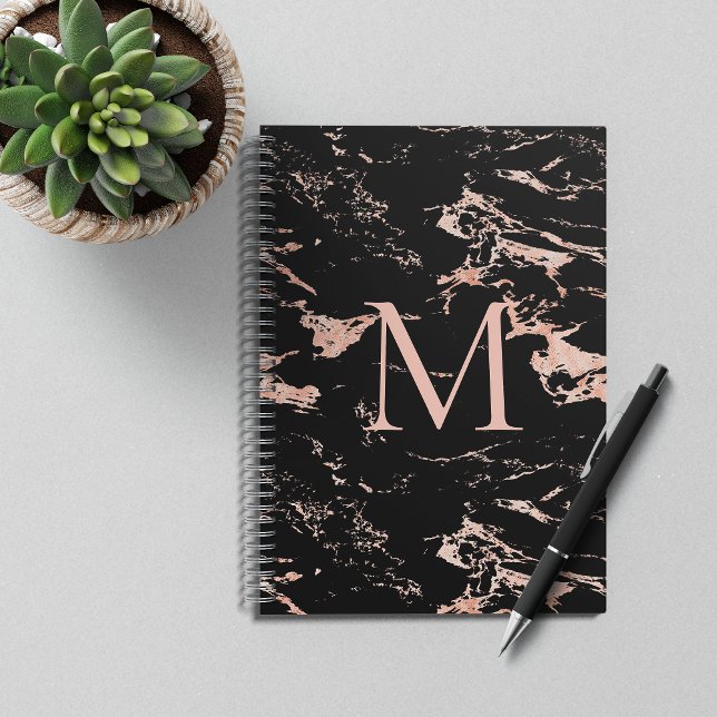 Chic Rose Gold Foil Black Marble Monogram Notebook (Creator Uploaded)