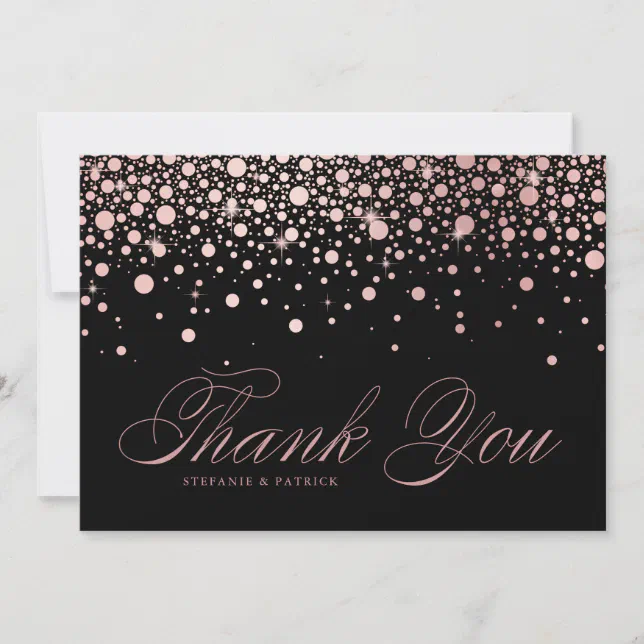 Chic Rose Gold Foil Confetti Drops Black Wedding Thank You Card | Zazzle