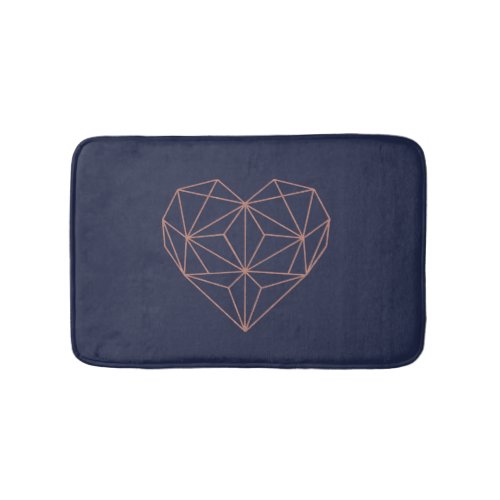 Chic Rose Gold Foil Geometric Heart on Navy Blue Bath Mat