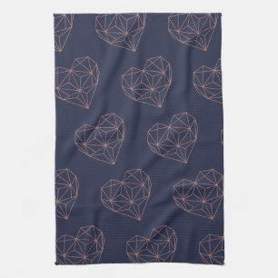 Chic Rose Gold Foil Geometric Heart on Navy Blue Kitchen Towel