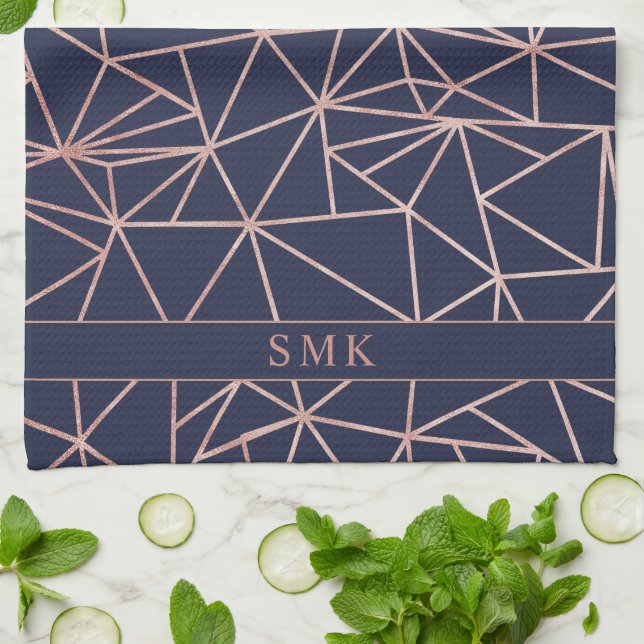 Chic Rose Gold Foil Geometric Polygon Navy Blue Kitchen Towel (Folded)
