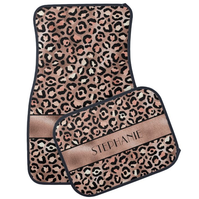 Chic Rose Gold Foil Leopard Print Personalized Car Floor Mat (Set)