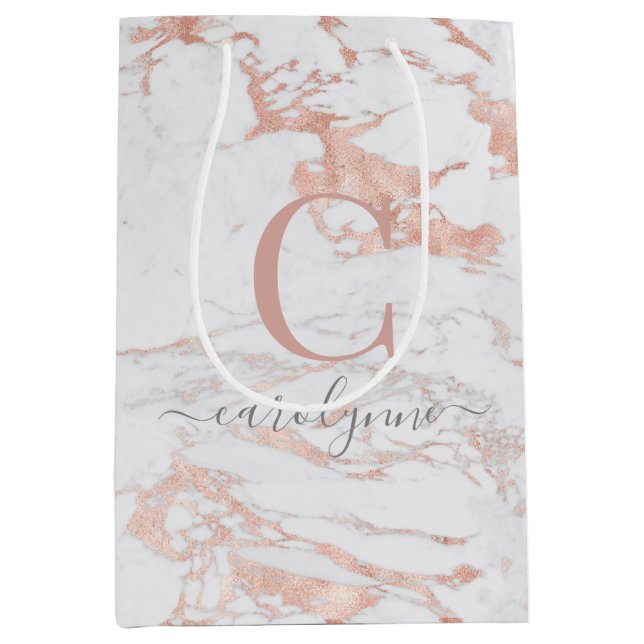 Chic Rose Gold Foil Marble Monogram Medium Gift Bag (Front)