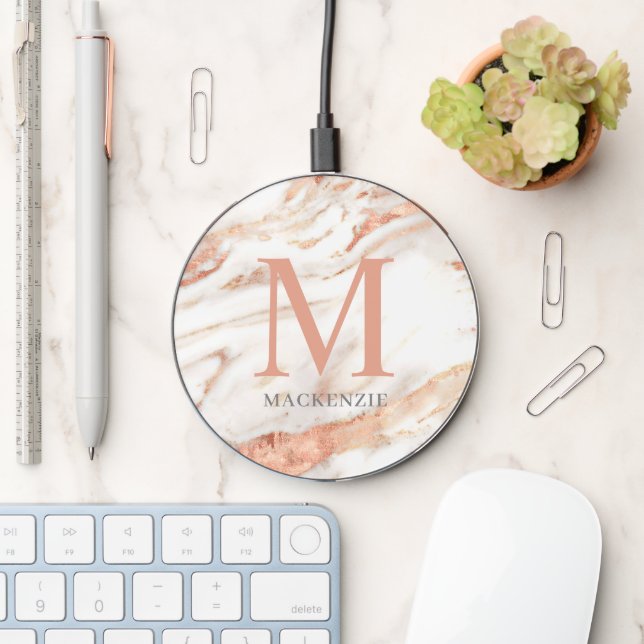 Chic Rose Gold Foil Marble Monogram Wireless Charger (Desk)