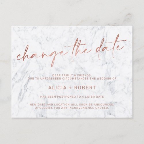 Chic rose gold foil marble wedding change the date announcement postcard