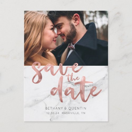 Chic Rose Gold Foil Script Marble Save the Date Announcement Postcard