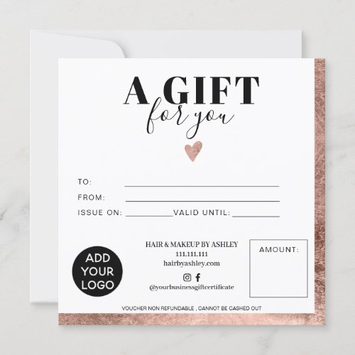 Chic Rose gold foil square gift certificate logo