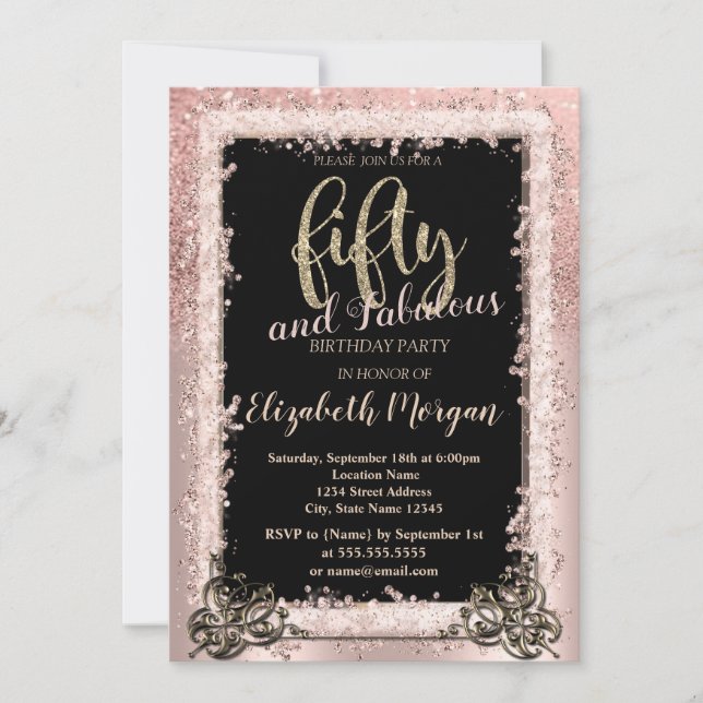 Chic Rose Gold Frame Glitter 50th Birthday Party  Invitation (Front)