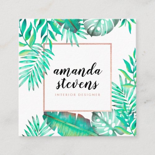 Chic rose gold frame watercolor tropical green square business card
