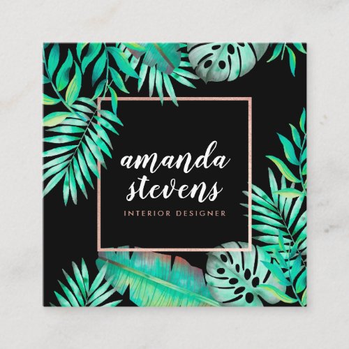 Chic rose gold frame watercolor tropical palm leaf square business card