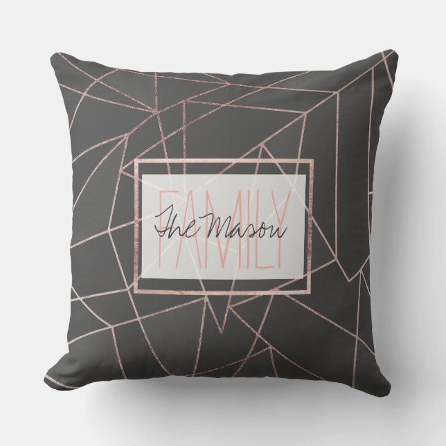 Chic Rose Gold Geo Outline Black Charcoal Monogram Throw Pillow (Front)