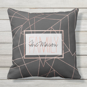 Chic Rose Gold Geo Outline Black Charcoal Monogram Throw Pillow