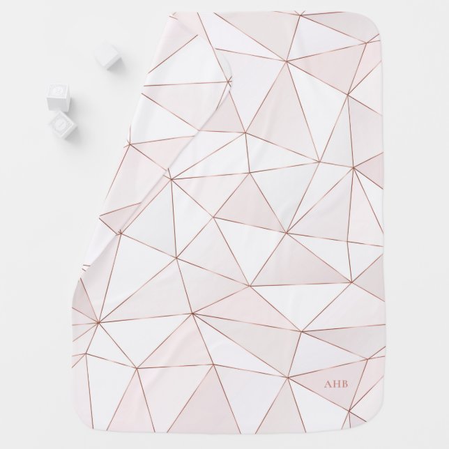 Chic Rose Gold Geometric Abstract Pattern Monogram Baby Blanket (In Situ)