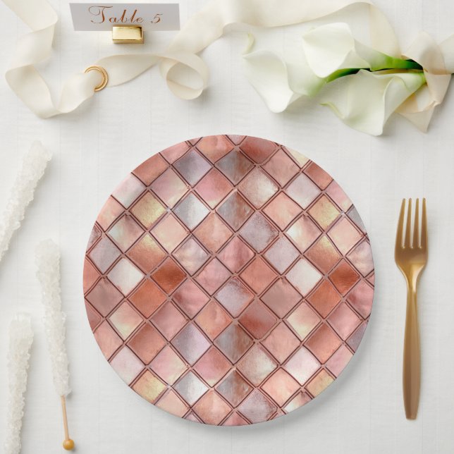 Chic Rose Gold Glam Tiles Paper Plates (Wedding)