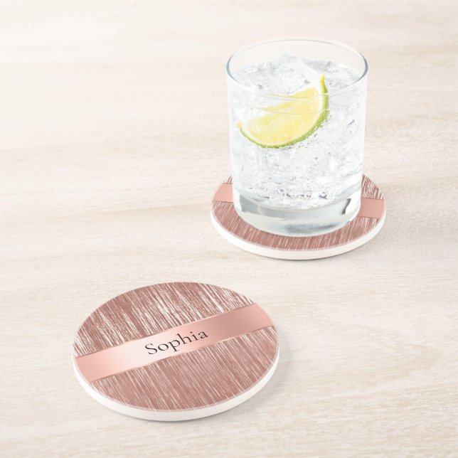 Chic Rose Gold Glam Tinsel Stripes Christmas Coaster (Side)