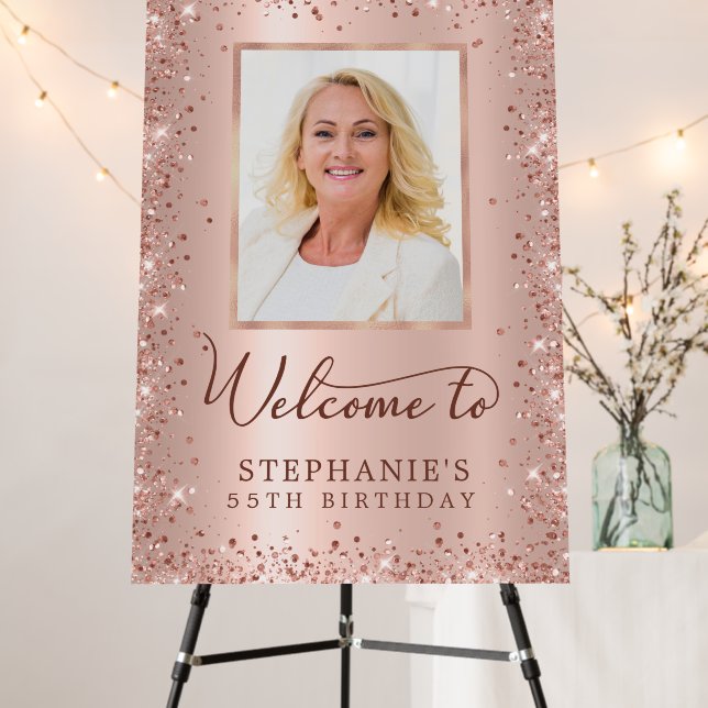 Chic Rose Gold Glitter 55th Birthday Photo Welcome Foam Board (In Situ (Stand))