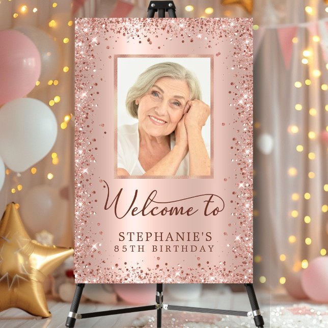 Chic Rose Gold Glitter 85th Birthday Photo Welcome Foam Board (Creator Uploaded)