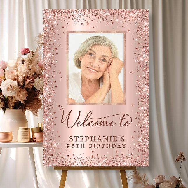 Chic Rose Gold Glitter 95th Birthday Photo Welcome Foam Board (Creator Uploaded)