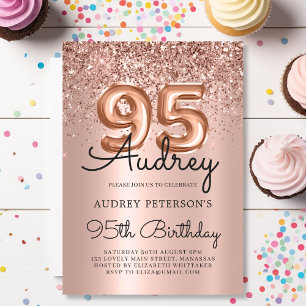 Chic Rose Gold Glitter Balloon 95th Birthday  Invitation