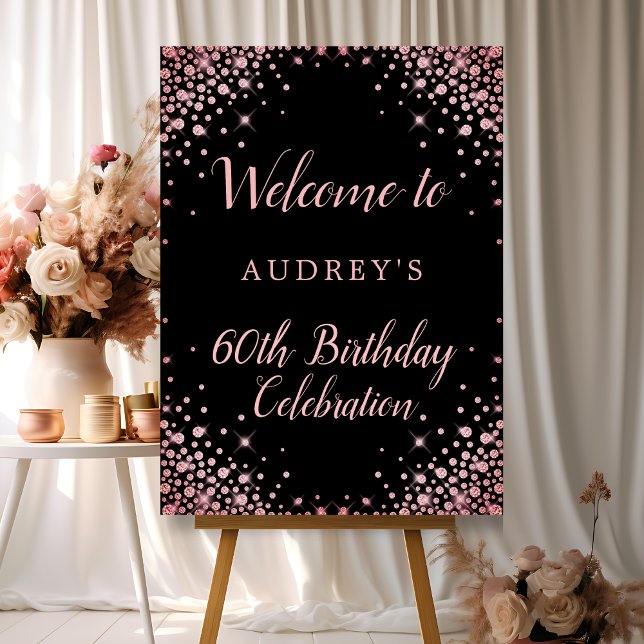 Chic Rose Gold Glitter Black 60th Birthday Welcome Foam Board (Creator Uploaded)