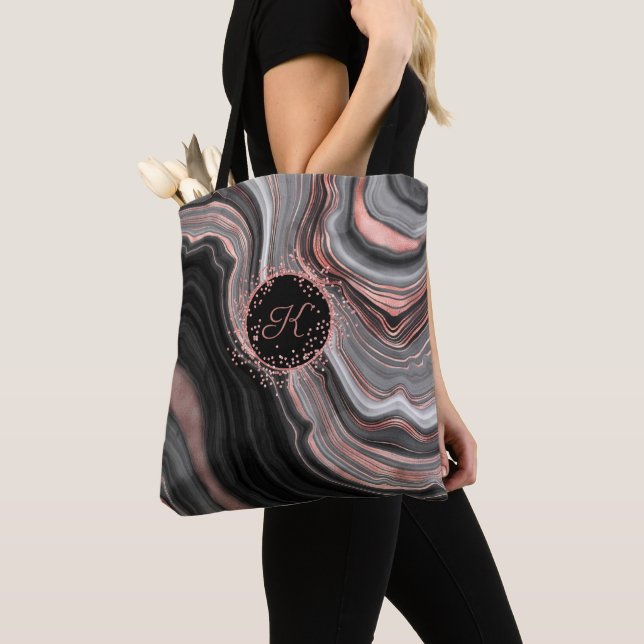 Chic Rose Gold Glitter Black Marble Monogram Tote Bag (Close Up)