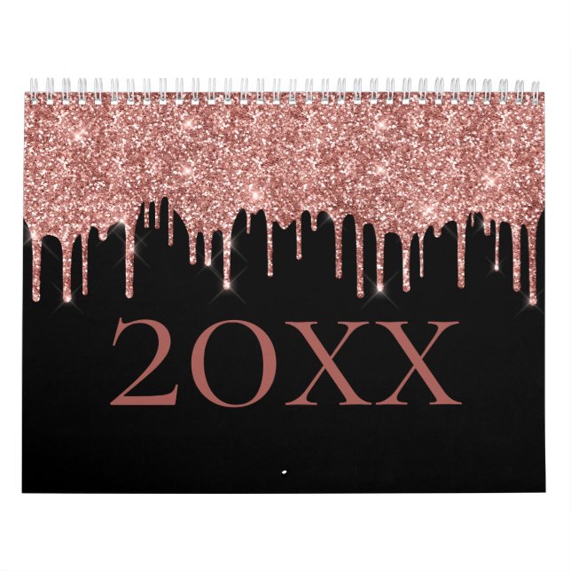 Chic Rose Gold Glitter Blush Monogram Name Black Calendar (Cover)