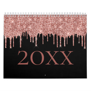 Chic Rose Gold Glitter Blush Monogram Name Black Calendar