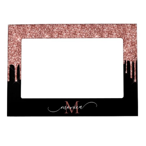 Chic Rose Gold Glitter Blush Monogram Name Black Magnetic Frame