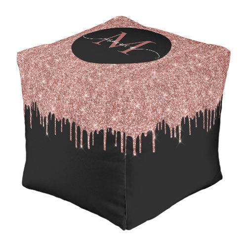 Chic Rose Gold Glitter Blush Monogram Name Black Pouf