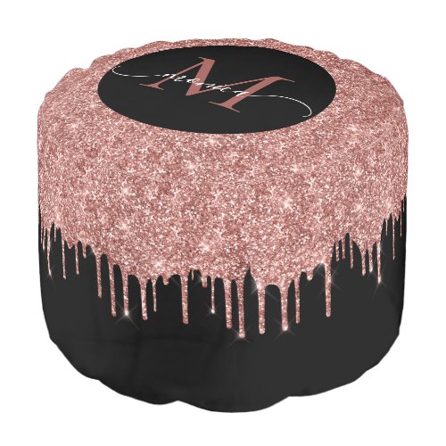 Chic Rose Gold Glitter Blush Monogram Name Black Pouf