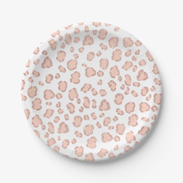 Chic rose gold glitter blush pink leopard pattern paper plates (Front)