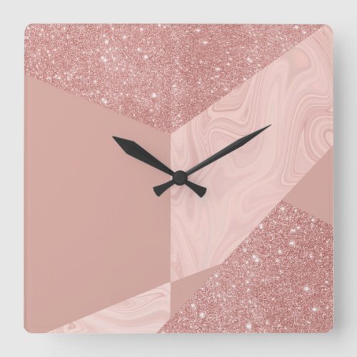 Chic Rose Gold Glitter Blush Pink Marble Square Wall Clock