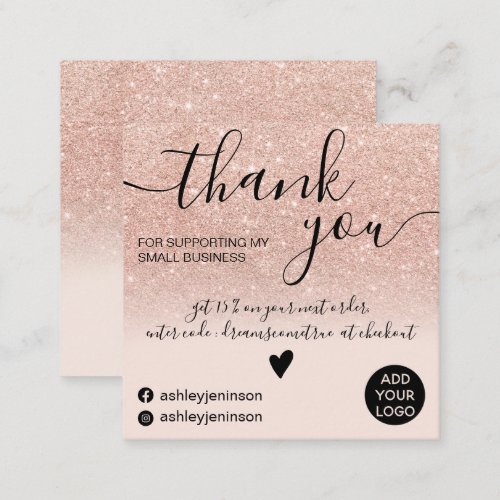 Chic rose gold glitter blush pink order thank you square business card