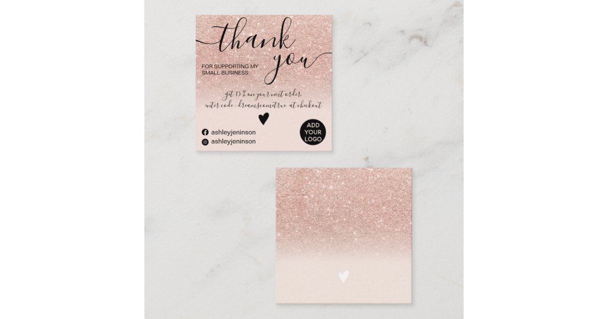 Chic rose gold glitter blush pink order thank you square business card ...