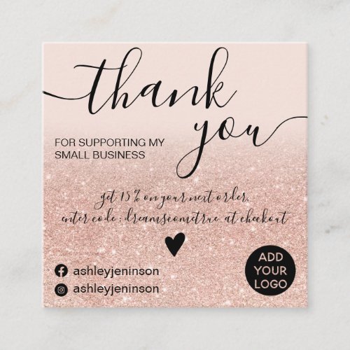 Chic rose gold glitter blush pink order thank you square business card