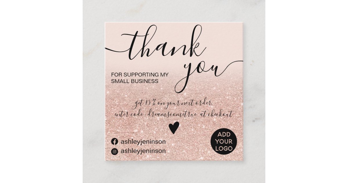 Chic rose gold glitter blush pink order thank you square business card ...