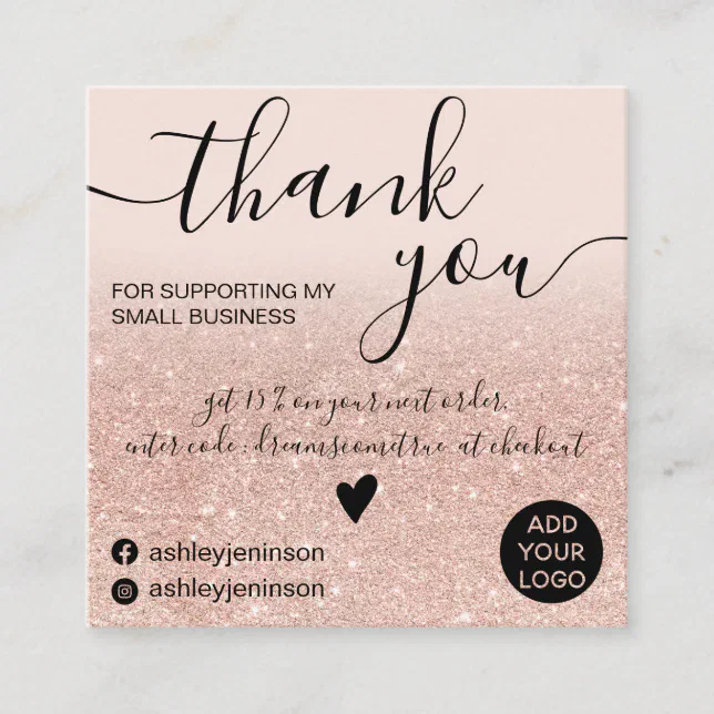 Chic rose gold glitter blush pink order thank you square business card ...