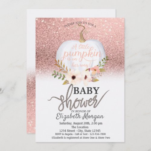 Chic Rose Gold Glitter Bokeh Pumpkin Baby Shower Invitation