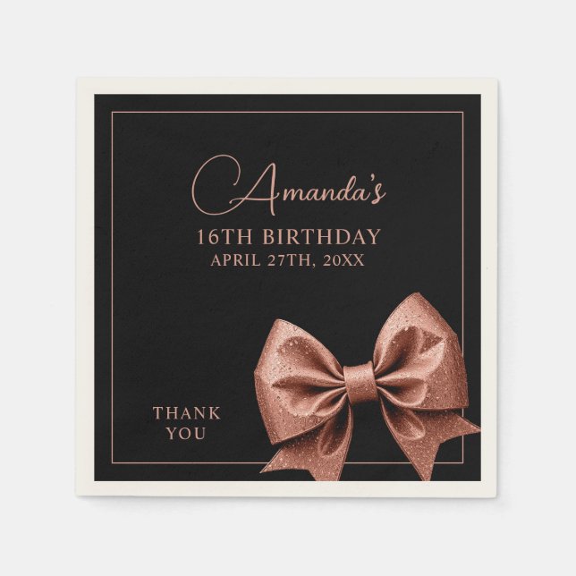 Chic Rose Gold Glitter Bow Sweet 16 Birthday Napkins (Front)