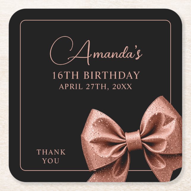 Chic Rose Gold Glitter Bow Sweet 16 Birthday Square Paper Coaster (Front)