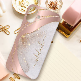 Chic Rose Gold Glitter Brushed Metal Monogram Name iPhone 16 Plus Case