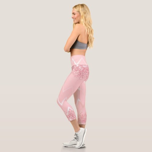 Chic Rose Gold Glitter Chevron Patterns Capri Leggings