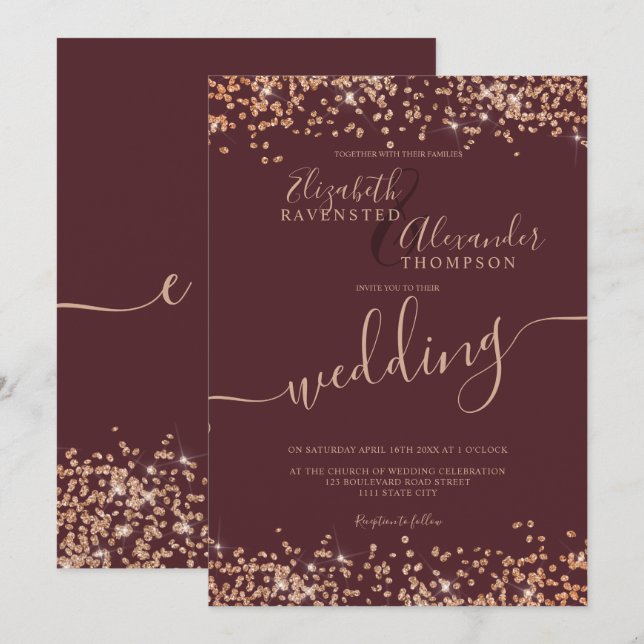 Chic rose gold glitter confetti burgundy wedding invitation (Front/Back)