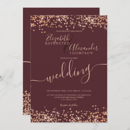 Chic rose gold glitter confetti burgundy wedding invitation