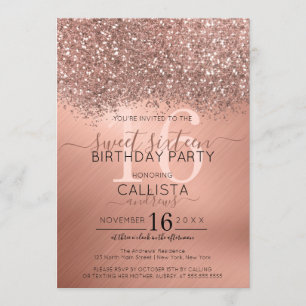 Chic Rose Gold Glitter Confetti Metallic Sweet 16 Invitation
