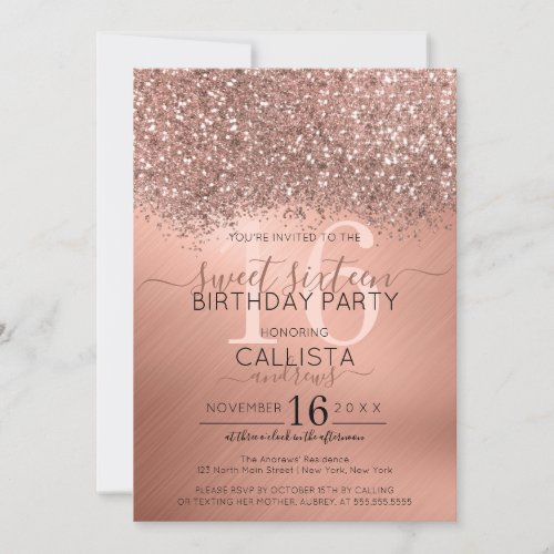 Chic Rose Gold Glitter Confetti Metallic Sweet 16 Invitation
