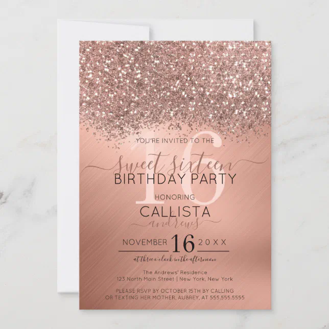 Chic Rose Gold Glitter Confetti Metallic Sweet 16 Invitation | Zazzle